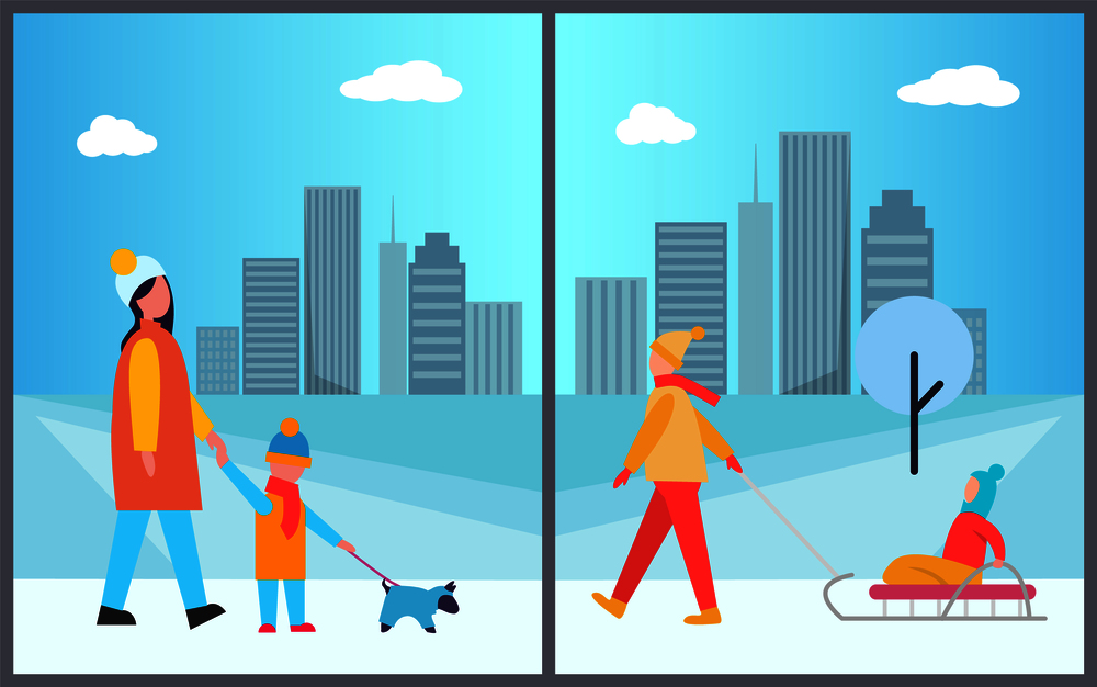 Families activities in city, mother and son walking dog on leash, woman and kid sitting on sledge, trees and buildings with clouds vector illustration. Families Activities in City Vector Illustration