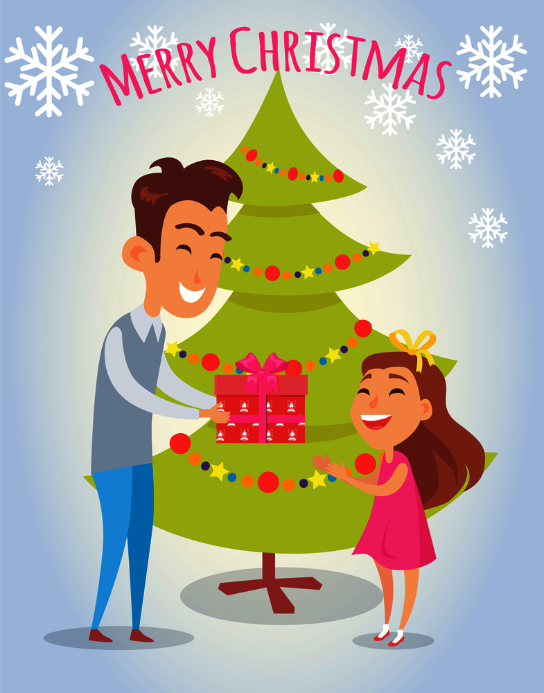 Merry Christmas poster with father and daughter near to Xmas tree. Vector illustration parent giving present to happy child on background of snowflakes. Merry Christmas Poster with Father and Daughter