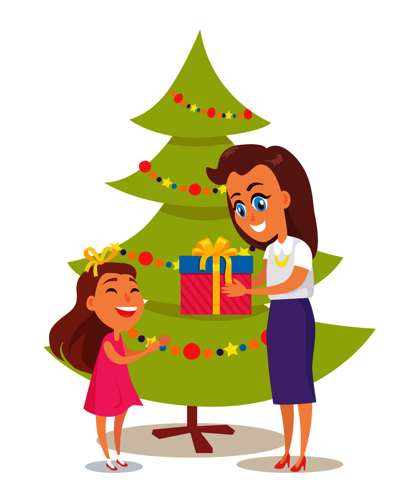 Vector illustration with parent giving present to happy child on light background. Merry Christmas poster with mother and daughter near to Xmas tree.. Vector Illustration Parent Giving Present to Child