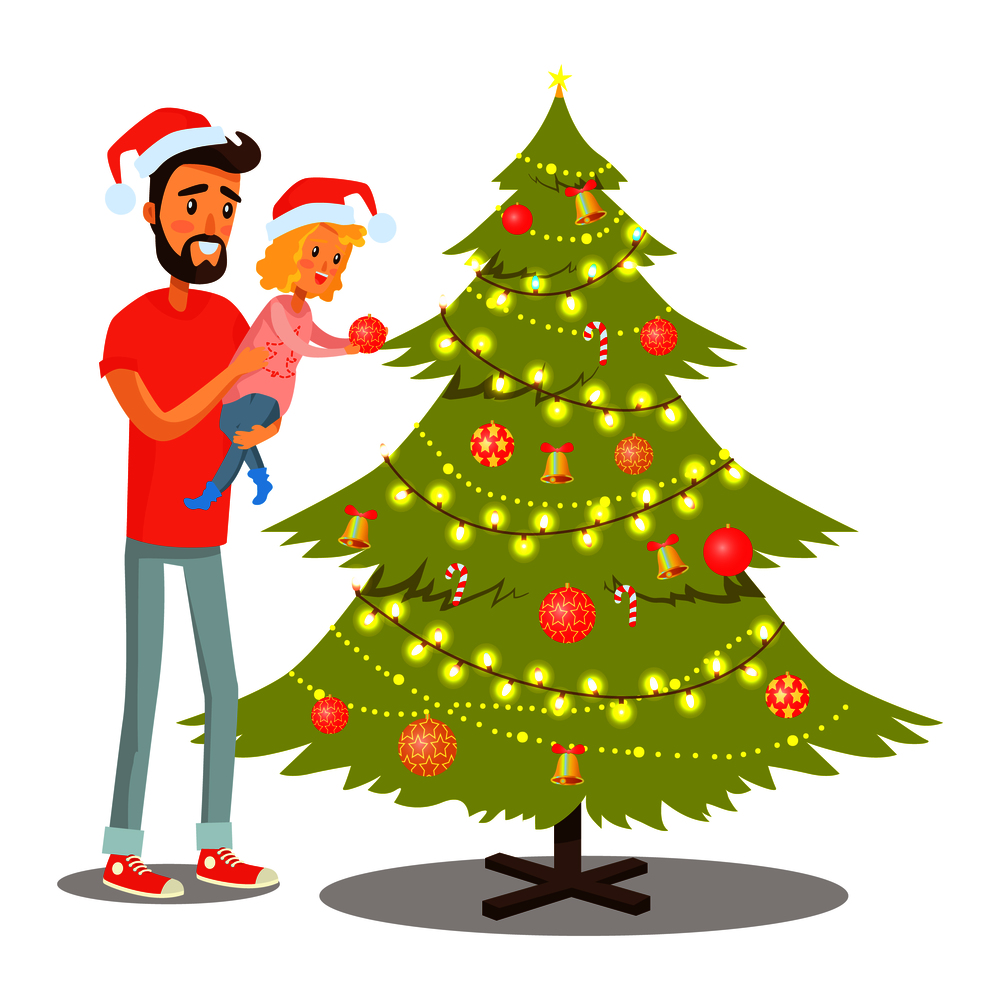 Father and daughter, poster with people decorating evergreen Christmas tree, candies in traditional visualisation and balls vector illustration. Father and Daughter Poster Vector Illustration