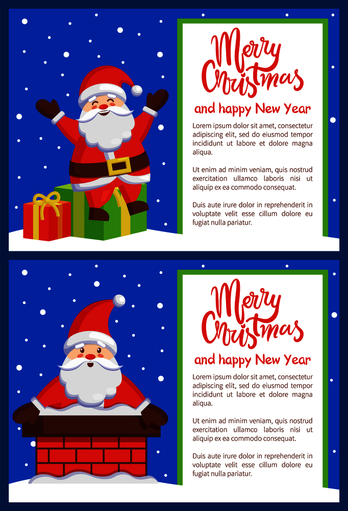 Merry Christmas and Happy New Year posters Santa Claus sitting on gift boxes and in chimney outdoors vector greeting cards design, congrats postcard. Merry Christmas Happy New Year Posters with Santa