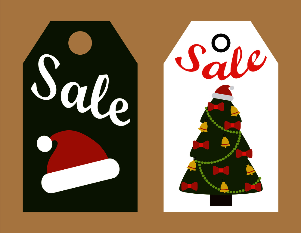 Sale promo tags ready to use labels with Christmas tree and red Santa hat promotional advertisement stickers vector illustrations shopping concept. Sale Promo Tags Ready to Use Labels Xmas Symbols