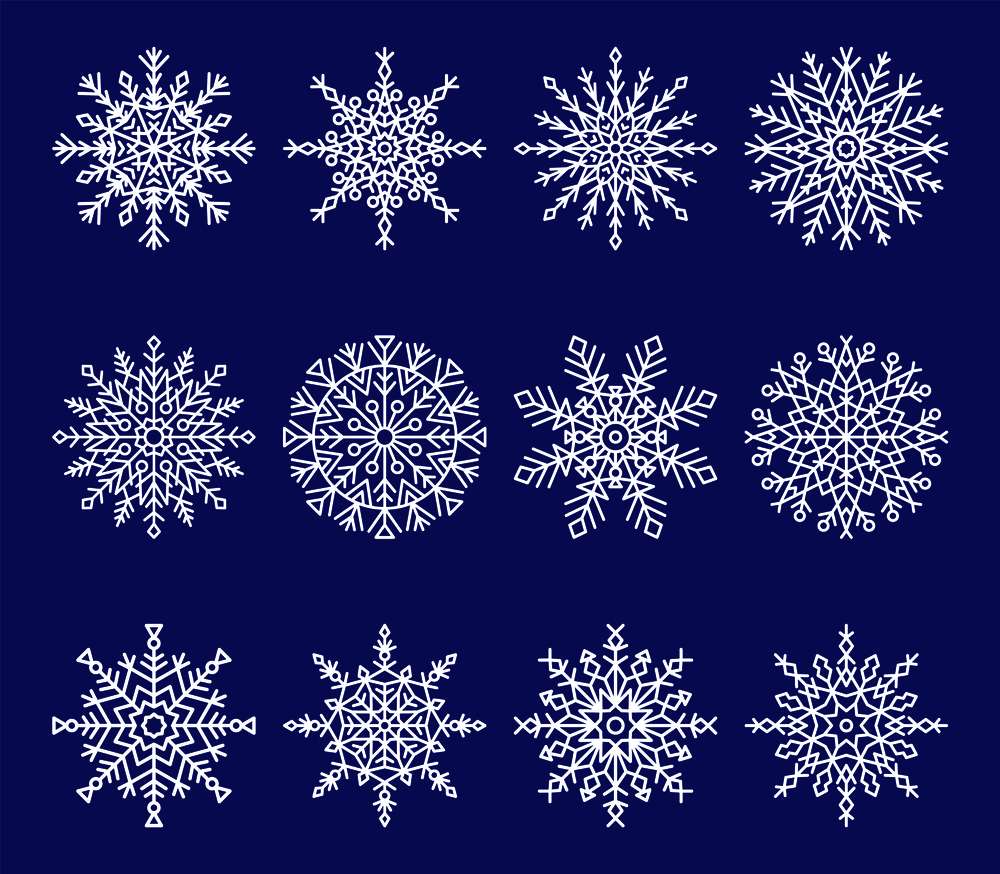 Snowflakes collection, consisting of geometric shapes and lines, simple objects and unique ice crystals vector illustration isolated on blue. Snowflakes Collection on Blue Vector Illustration