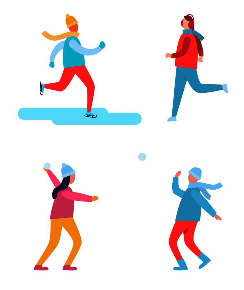 Peoples winter activities, man dressed in hat and scarf skiing, couple wearing warm clothes playing snowball fight together vector illustration. Peoples Winter Activities Vector Illustration