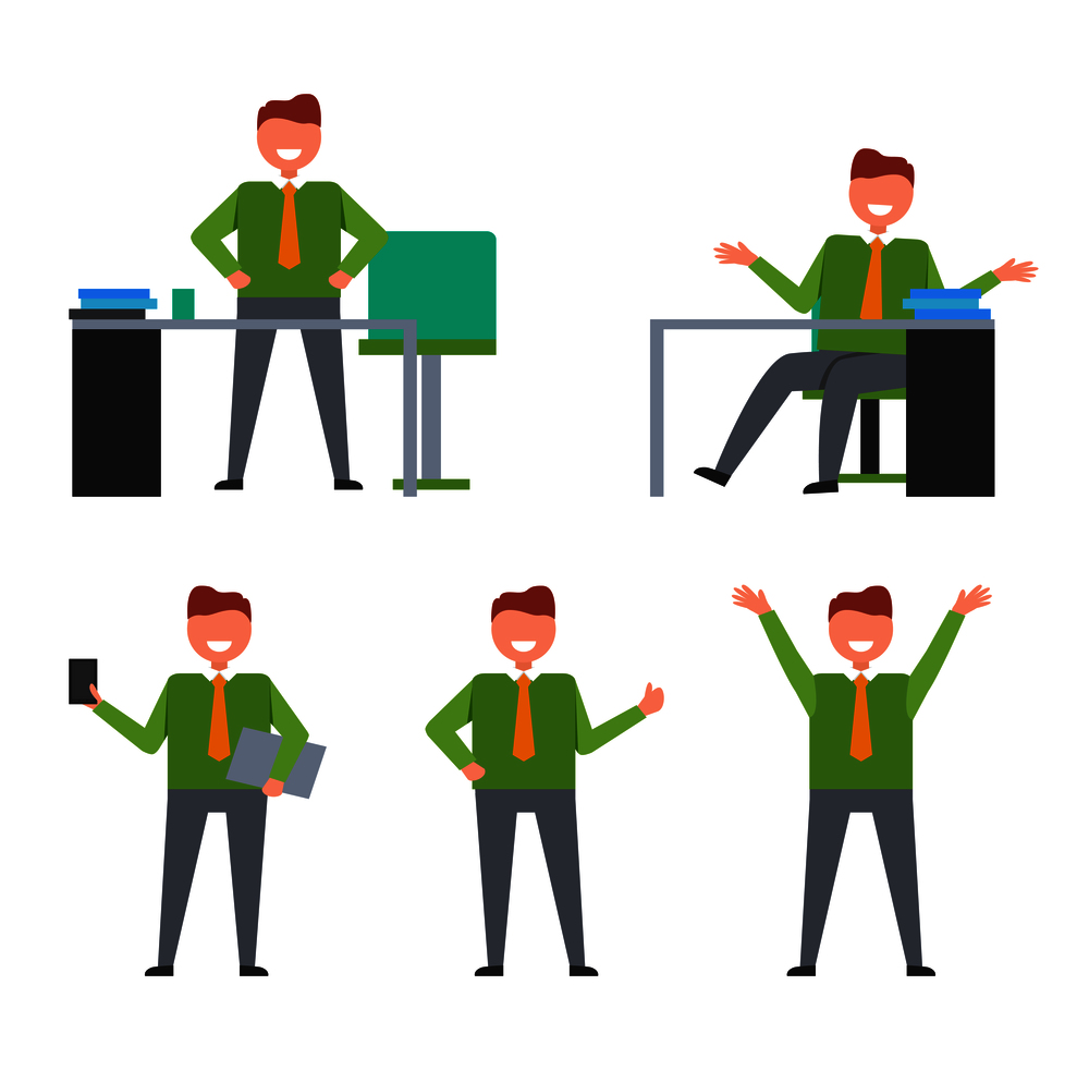 Set of businessman in process of work, standing by table, sitting on chair, showing his phone and waving hands on vector illustration. Set of Businessman Work on Vector Illustration