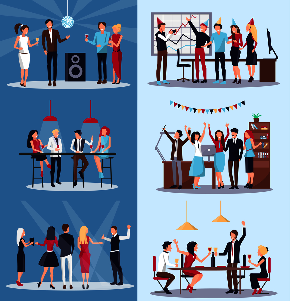 Corporate party, set of pictures depicting people celebrating important event of company, disco and club and office atmosphere vector illustration. Corporate Party Celebration Vector Illustration