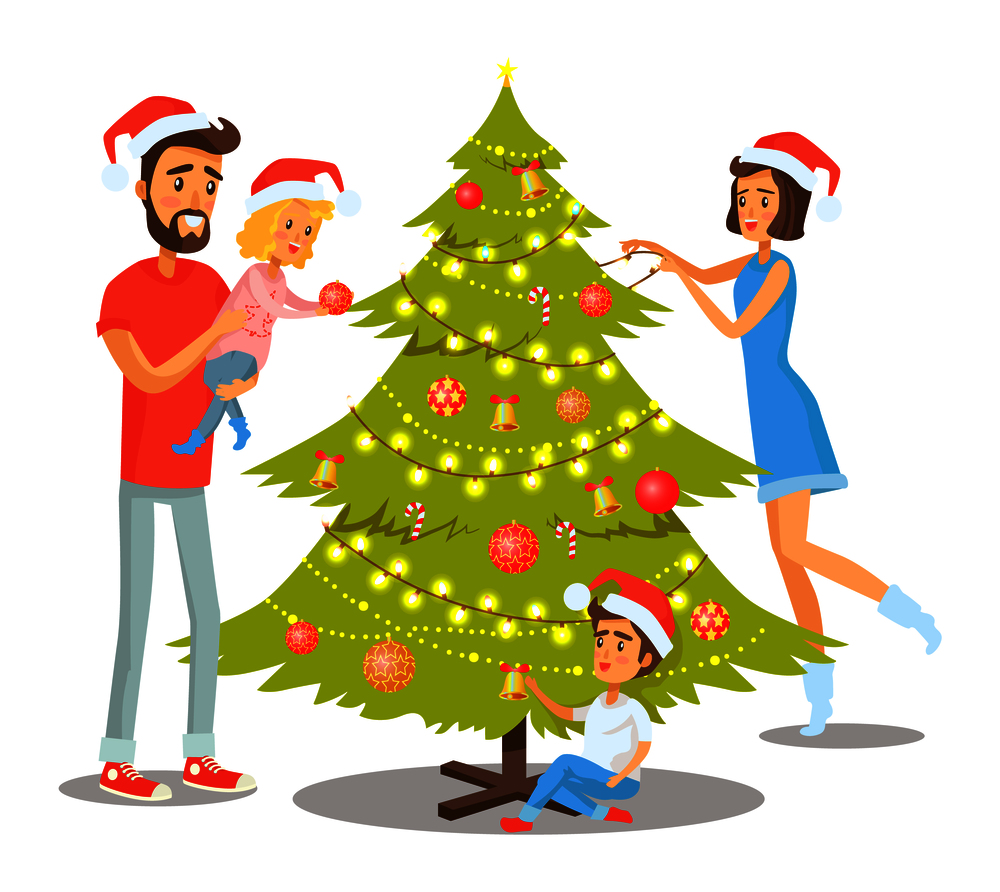 Family decorating Christmas tree with balls and bells, candies and shiny garlands, winter holidays and peoples involvement vector illustration. Family Decorating Tree Vector Illustration