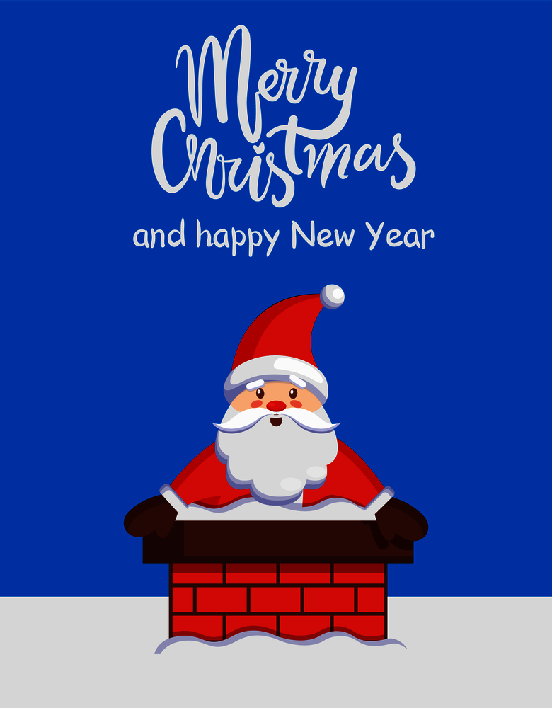 Merry Christmas and Happy New Year poster with Santa Claus in chimney vector illustration smiling Xmas symbol ready to give present, postcard design. Merry Christmas Santa Claus in Chimney Vector Text