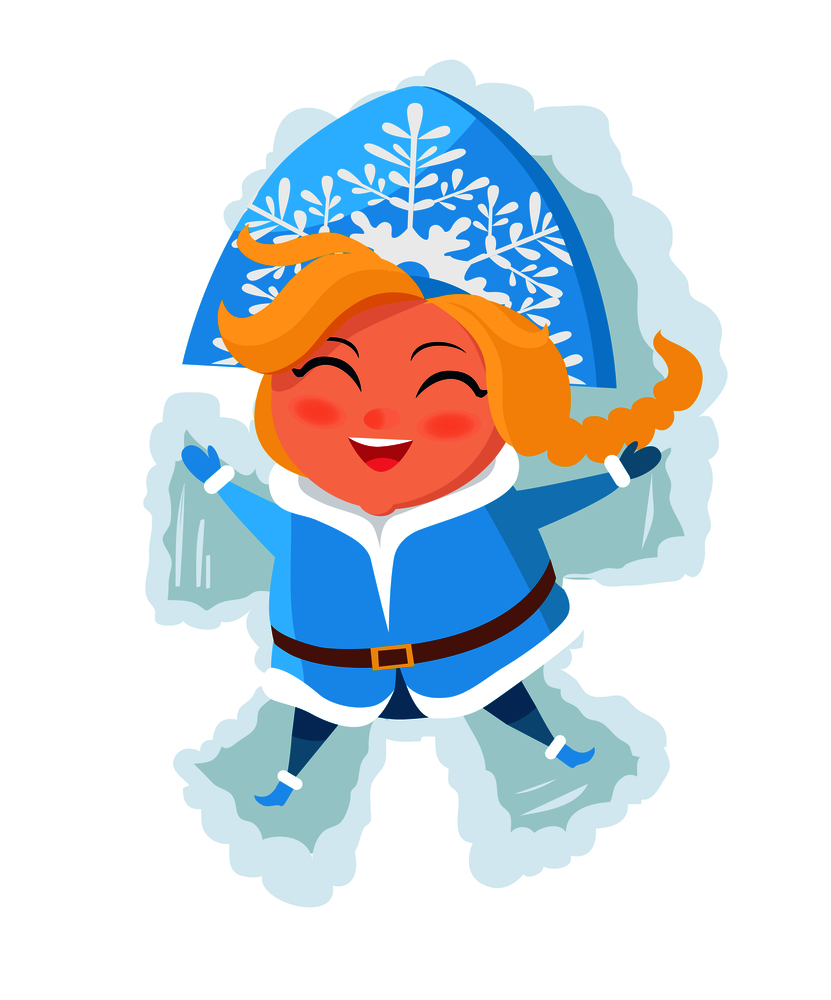 Smiling snow maiden laying in snow and makes figures by hands and legs vector postcard isolated on white background. Russian snegurochka having fun. Smiling Snow Maiden Laying in Snow Makes Figures
