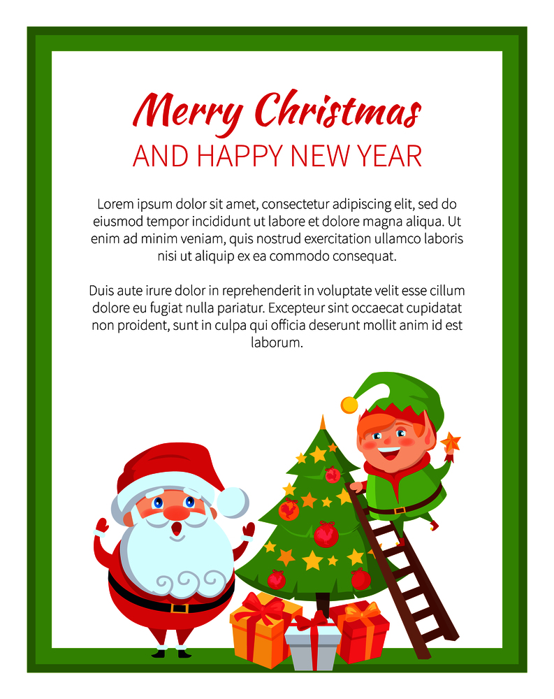Happy New Year and merry Christmas bright poster on white background. Vector illustration with Santa and his cute smiling helper in green square frame. Happy New Year and Merry Christmas Bright Poster