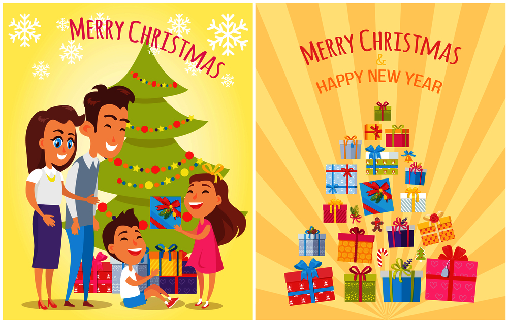 Merry Christmas and New Year placards, family celebrating winter holidays with tree and decorations, presents isolated on vector illustration. Merry Christmas New Year Vector Illustration
