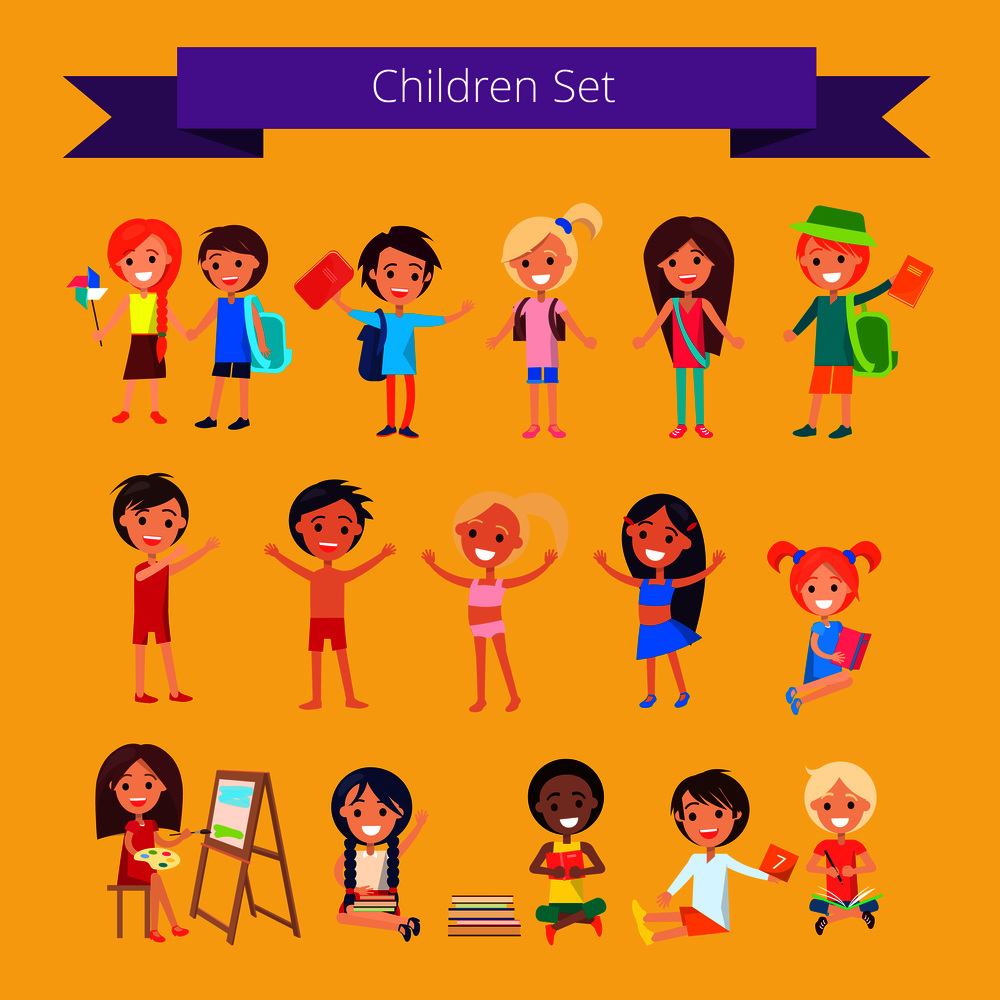 Children set isolated vector illustration on light orange background with inscription. Kids engaging in different school activities. Children Set Isolated Illustration on Light Orange