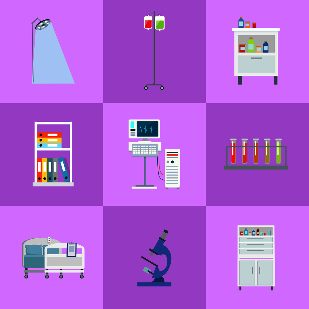 Medical equipment icons set, including light and drop-bottle, books and monitors, microscope and medical bulbs vector illustration. Medical Equipment Icons Set Vector Illustration