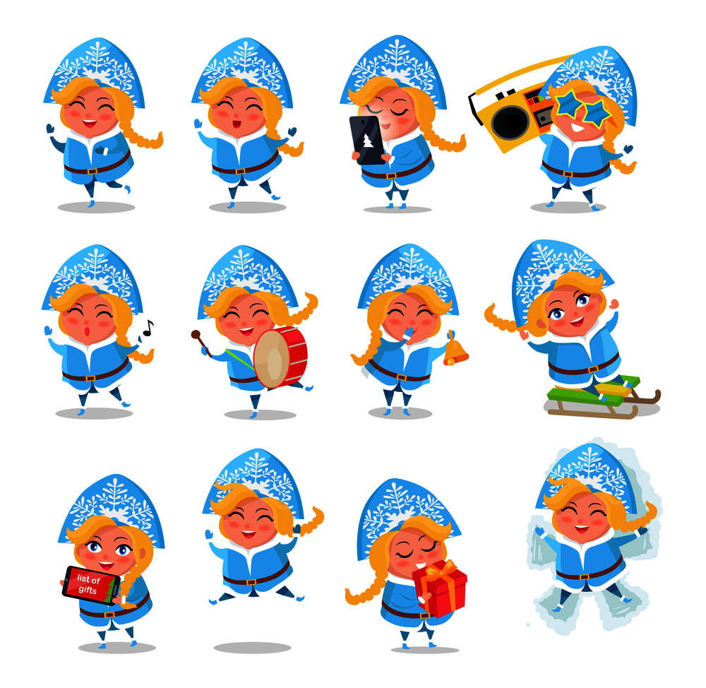 Snow Maiden collection of icons with winter character doing different activities, singing and listening to music, playing drums vector illustration. Snow Maiden Icons Collection Vector Illustration