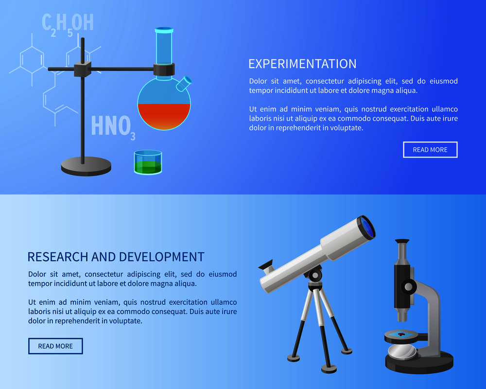 Experimentation research and development web banner with modern refractor telescope and metal retort stand vector illustration on blue. Experimentation Research and Development Web