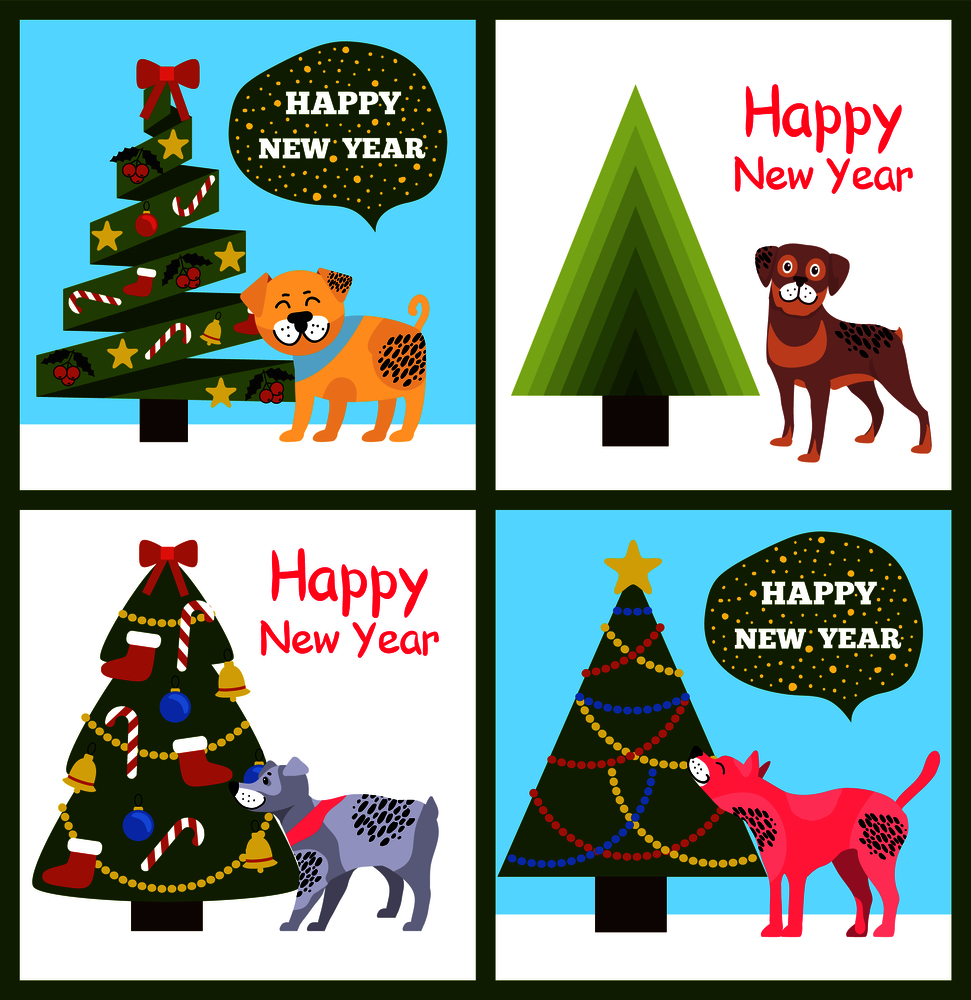 Happy New Year posters with congratulations from cartoon dogs and abstract xmas trees vector illustration greeting cards isolated on white background. Happy New Year Posters Set Christmas Trees Puppies