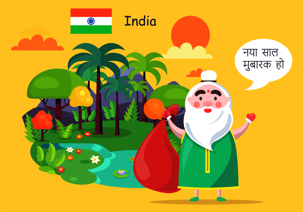 Indian Santa Claus greets with Happy New in native language with island full of tall palms and small pure river cartoon vector illustration.. Indian Santa Claus Greets with Happy New Year