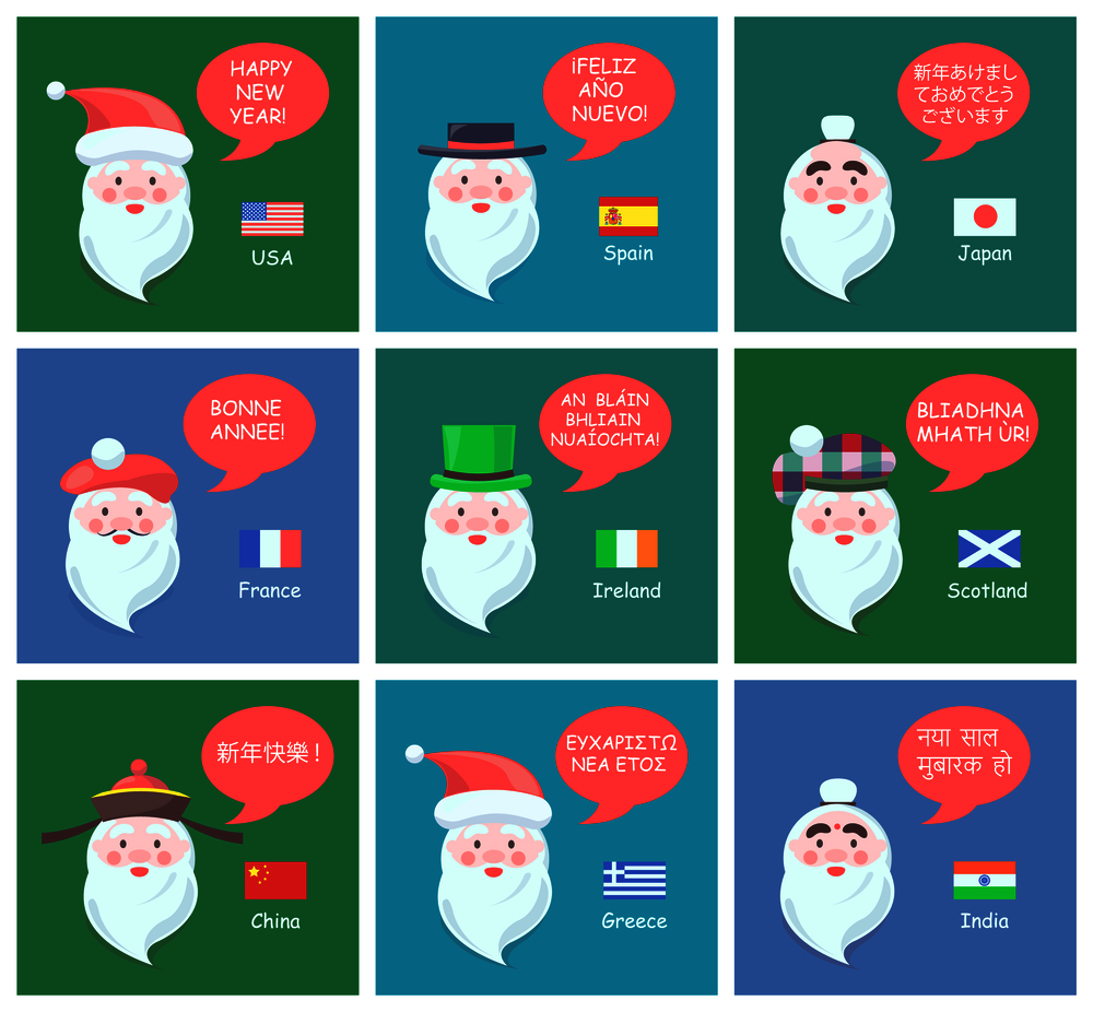 Happy New Year wishes by Santa Clauses from all over world in national headdresses and small flags on festive postcards vector illustrations.. Happy New Year Wishes from Cheerful Santa Clauses