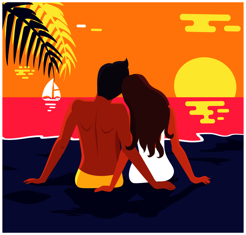 Couple in love sits on sandy beach and looks at blue deep ocean among tropical palms and sky with white clouds vector illustration banner. Couple Sits on Beach and Looks at Blue Deep Ocean