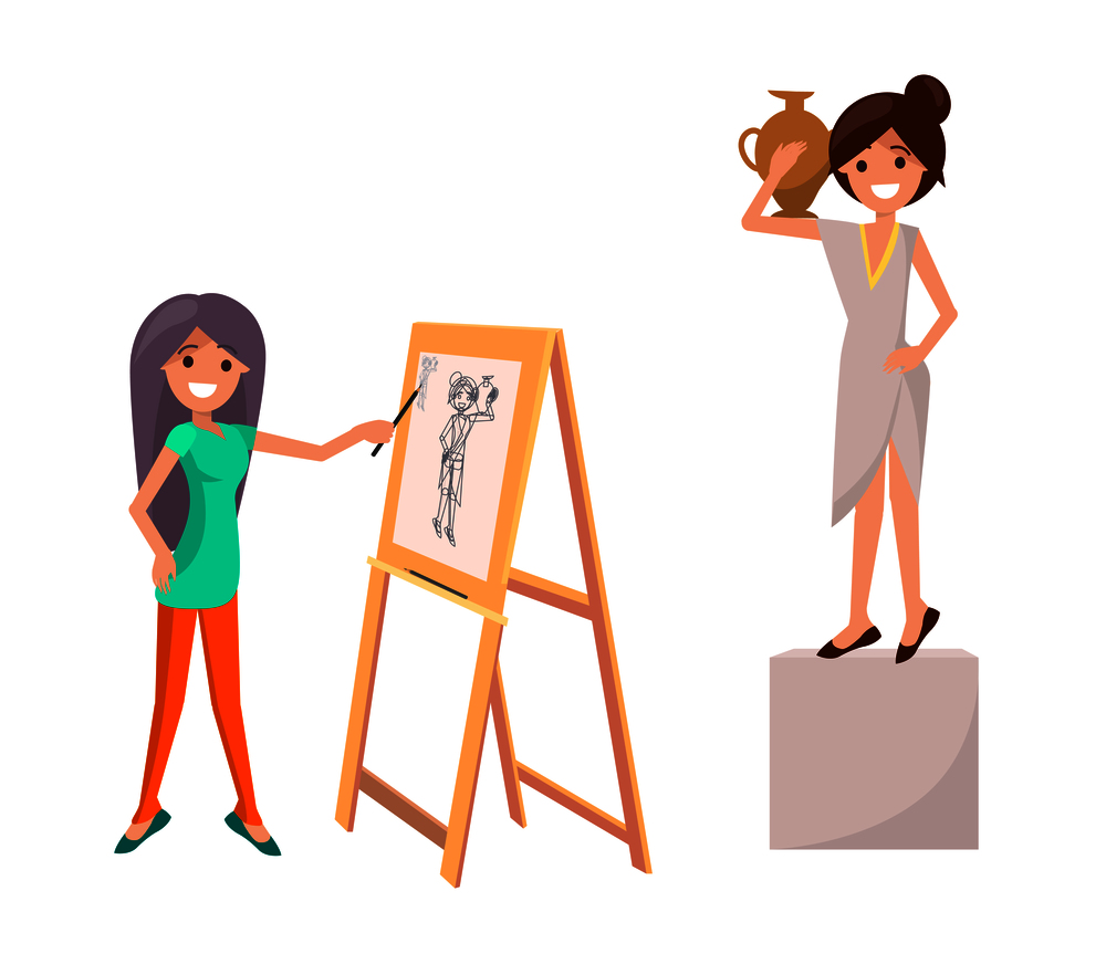 Girl drawing still life picture of woman with vase on easel by pains vector illustration isolated on white. Girl creating sketch with female posing. Girl Drawing Still Life Picture of Woman with Vase