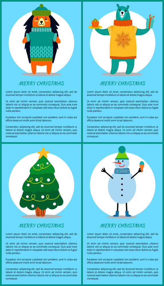 Merry Christmas set of banners with smiling animals, xmas tree and snowman in warm knitted clothes. Vector illustration with friendly New Year symbols. Merry Christmas Set of Banners with Smiling Animal