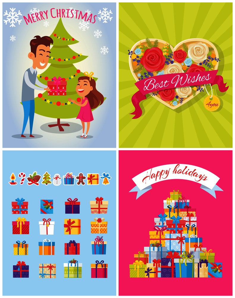 Best wishes, merry Christmas and happy birthday, posters dedicated to celebration of holidays, with presents and atmosphere, vector illustration. Best Wishes Merry Christmas Vector Illustration