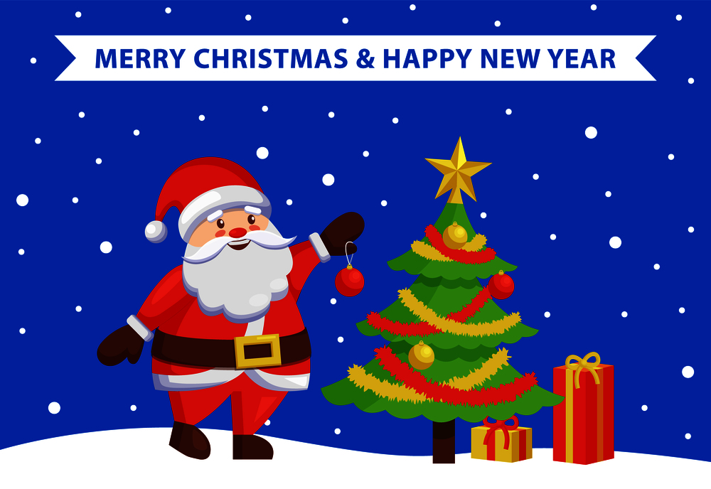 Merry Xmas and Happy New Year poster with Santa Claus decorating tree by color ball. Christmas Father and winter holiday symbol vector illustration. Merry Christmas Happy New Year Poster with Santa