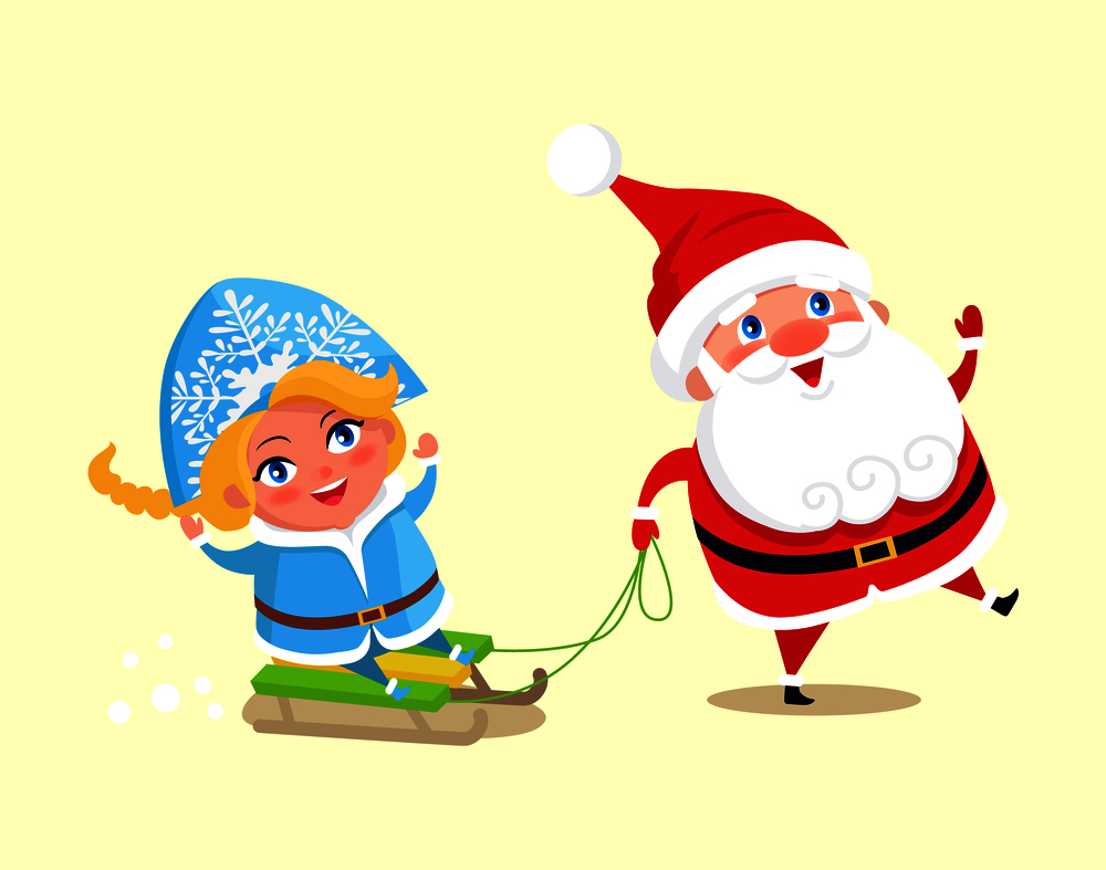 Santa carry snow maiden on sleigh vector colorful illustration isolated on white. Happy Father Christmas and grand daughter having fun, winter holidays. Santa Carry Snow Maiden on Sleigh Vector Character
