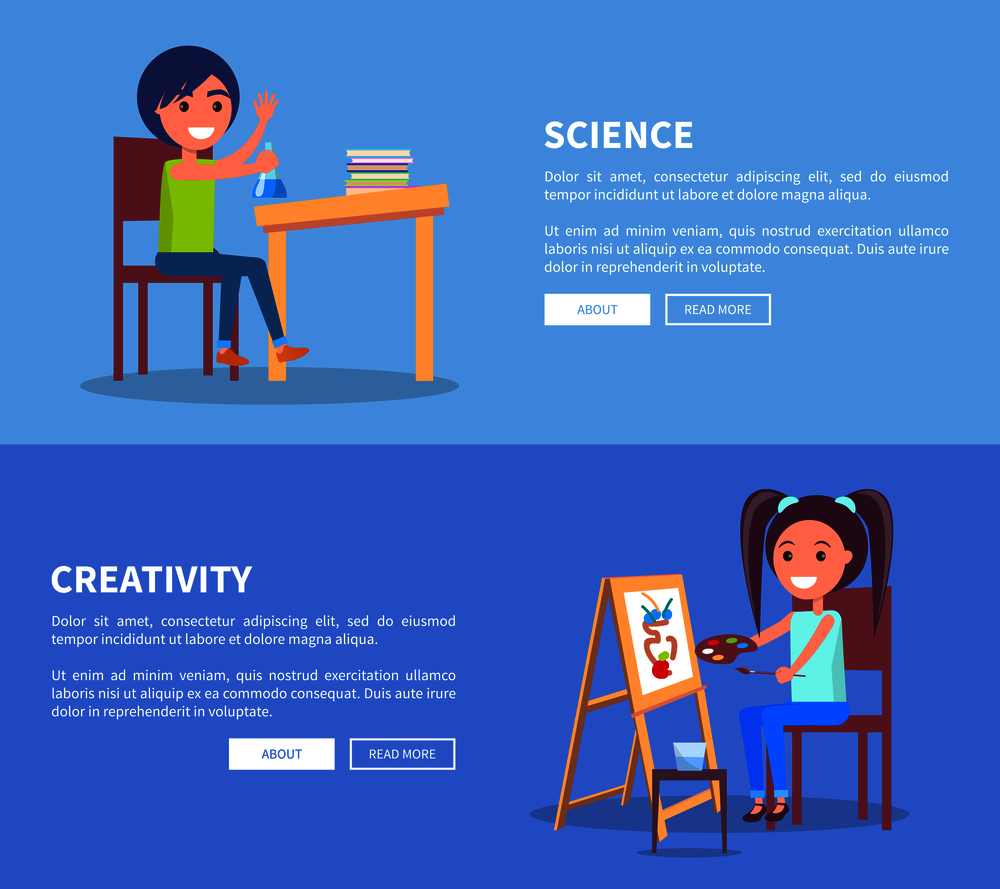 Science creativity set of posters with boy doing homework on chemistry and girl drawing picture on wooden easel vector illustrations on blue background with text. Science Creativity Posters Set with Girl and Boy