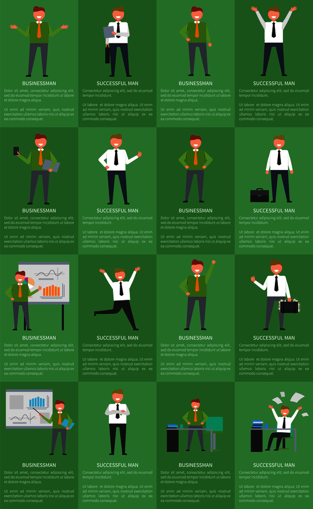 Set of posters businessmans activity at work with text and title sample below each image vector illustration isolated on green, office worker routine. Sixteen Icons of Businessman Vector Illustration