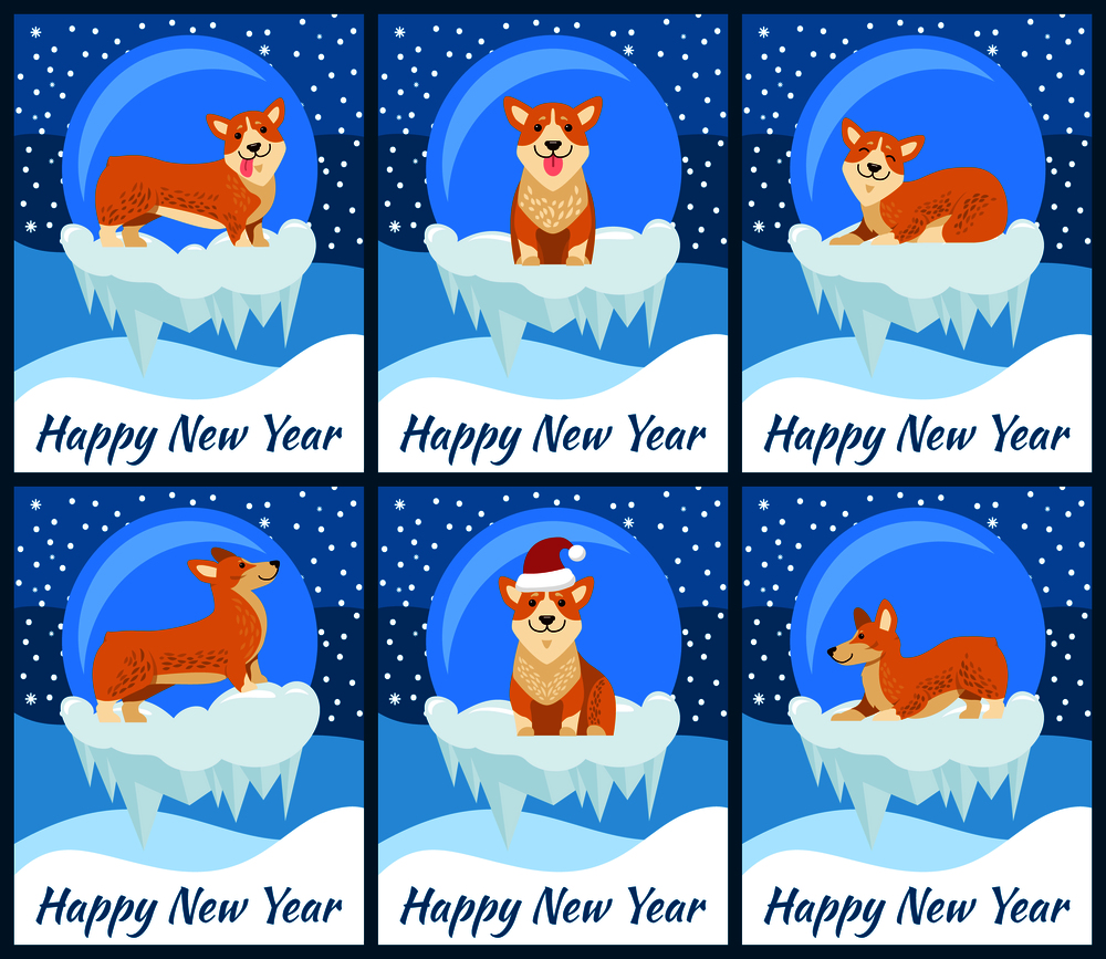 Happy New Year posters with Corgi dog inside glass bubble with bottom covered with ice and snowflakes around cartoon vector illustrations set.. Happy New Year Posters with Corgi in Glass Bubble