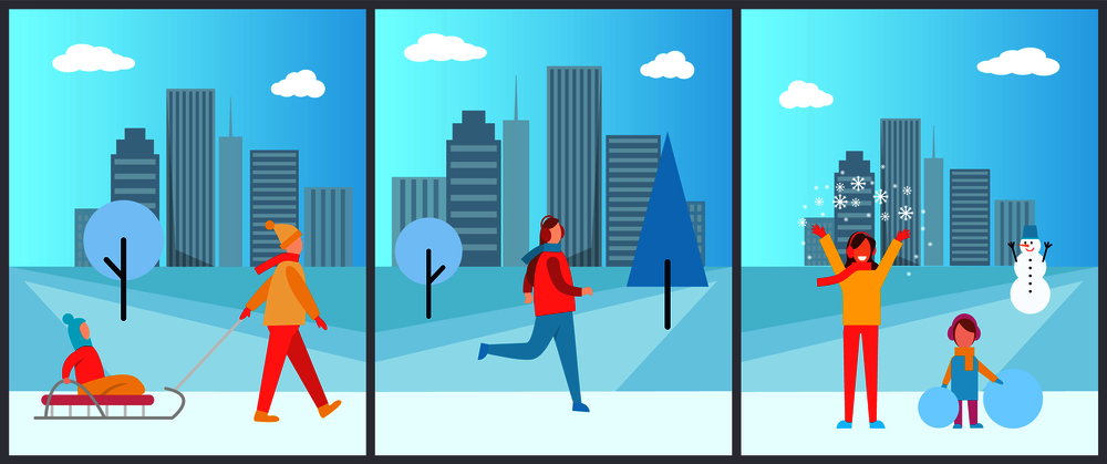 People in winter city, set of poster with woman happy because of snowflakes, kid on sled and girl with snowman and snowballs vector illustration. People and Winter City Set Vector Illustration