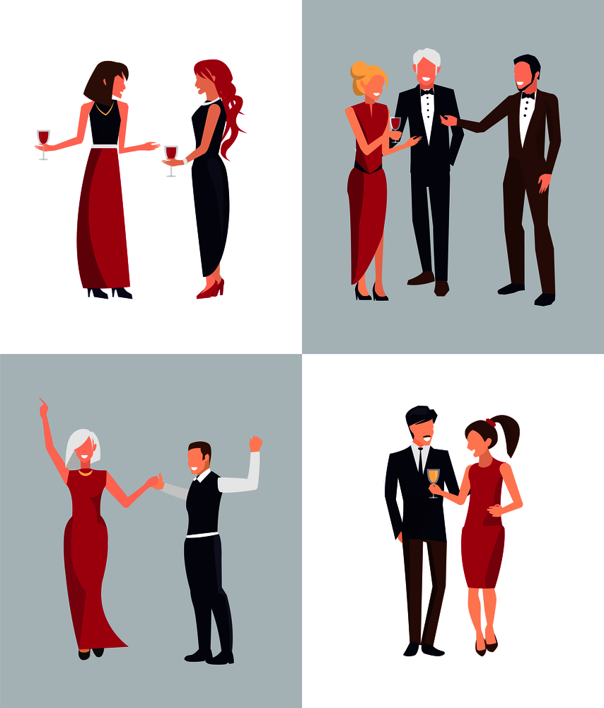 People at party, drinking red and white wine and having fun together, talking and dancing on vector illustration isolated on white background. People at Party on Vector Illustration White