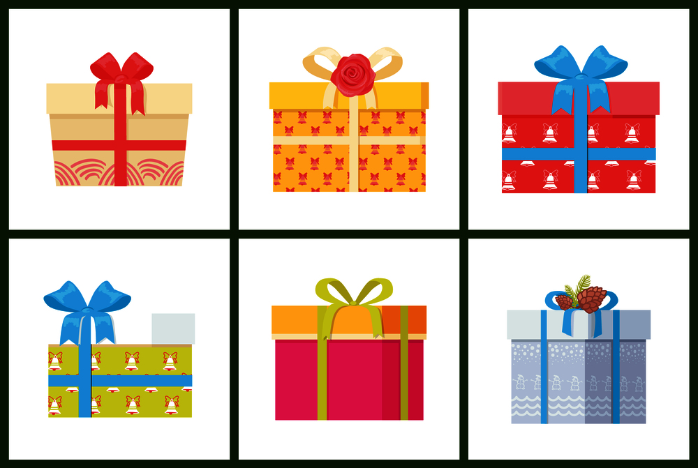 Gift box present wrapped package icon vector set. Packed holiday boxing with bows and ribbons isolated on white, decorated by flower and cones. Gift Box Present Wrapped Package Icon Vector Set.