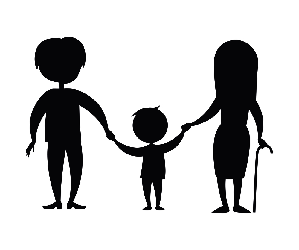 Happy grandparents senior couple walking with grandson holding hands on background vector colorless illustration black silhouettes. Happy Grandparents Day Senior Couple with Grandson