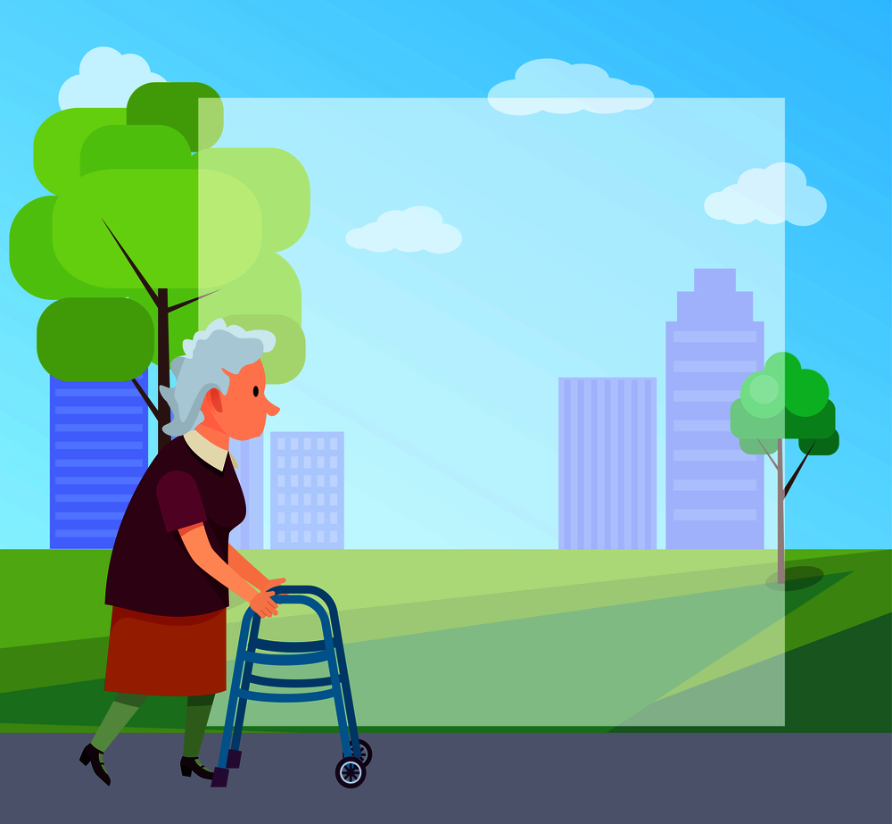 Senior gray-haired woman moving with help of front-wheeled walker in city park with place for text vector illustration. Metal tool designed to assist walking. Senior Woman with Walking Frame Illustration