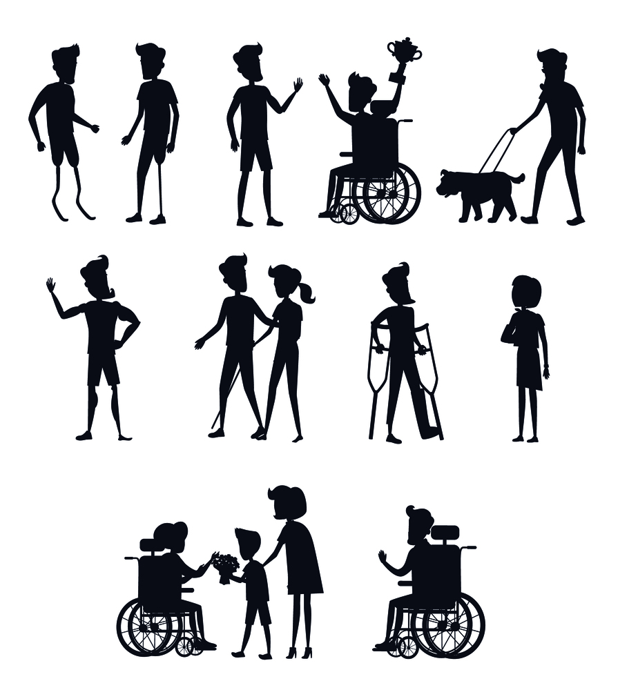 Silhouettes of disable humans on wheelchairs or on prostheses walking, winning, accepts congratulations. People with disabilities vector illustration. Silhouettes of Disable Humans on Wheelchairs