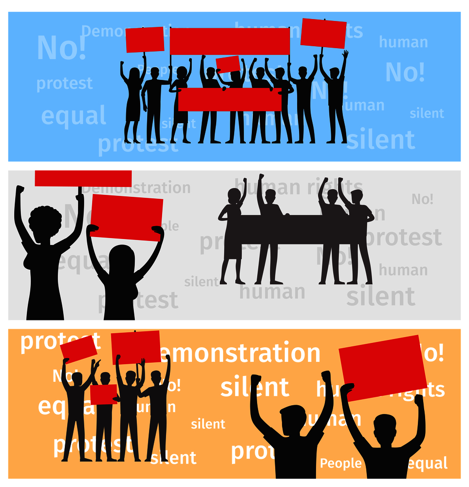 Three horizontal banners with silhouettes of strike people holding red and gray placards on demonstration vector illustration. Silhouettes of Strike People Holds Color Placards