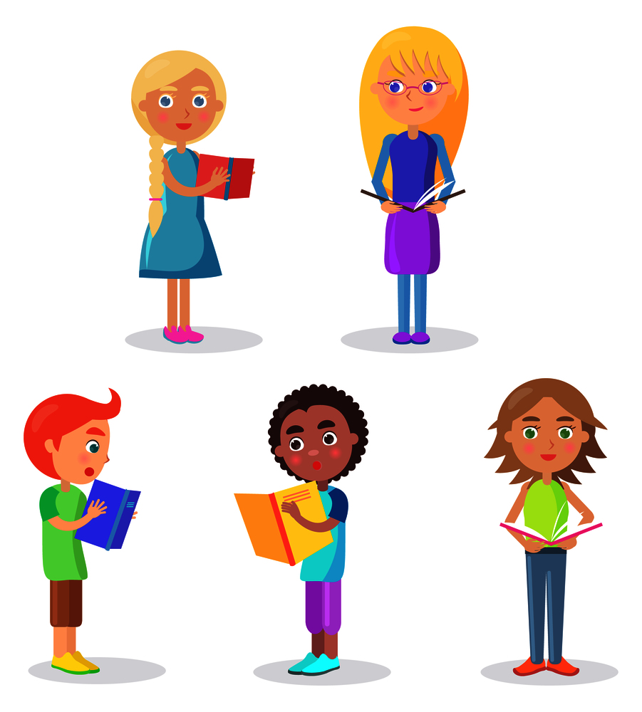 Five schoolchildren stands and holds color schoolbooks flat and shadow theme vector illustration on white background closeup. Five Schoolchildren Stands and Holds Schoolbooks