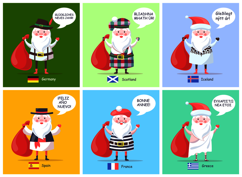 Germany and Spain, Iceland and France, visualisations of Santa Clauses, flags and happy New Year translations, isolated on vector illustration. Germany Spain Santa Clauses Vector Illustration