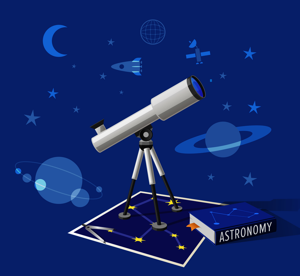 Astronomy class isolated vector illustration on blue sky-like background. Cartoon style telescope, pair of compasses and school textbook on constellation map. Astronomy Class Illustration on Blue Background