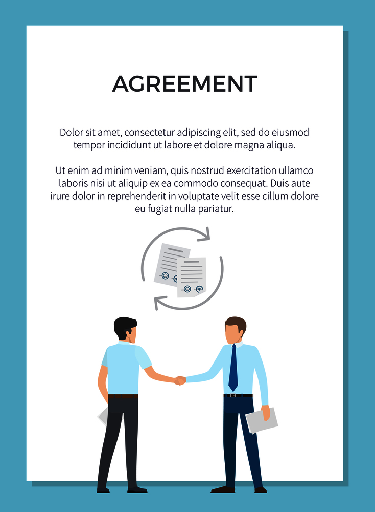 Agreement demonstration with two businesspeople shaking hands after setting deal. Vector illustration of two men with documents on white background. Agreement Visualization Poster Vector Illustration