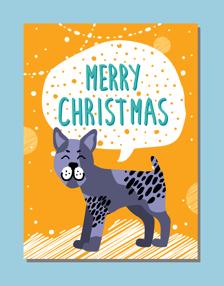 Merry Christmas poster with sign in cloud and bullterrier with nice facial expression. Pedigree domestic dog on holiday banner vector illustration.. Merry Christmas Poster with Sign in Cloud and Dog