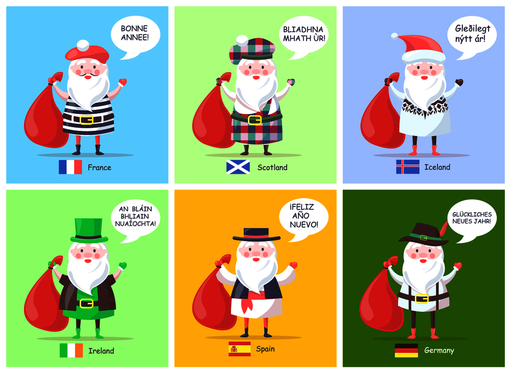 France and Scotland, Iceland and Ireland, set of Santa Clauses visual representations, translation of happy New Year and flags vector illustration. France Scotland Santa Clauses Vector Illustration