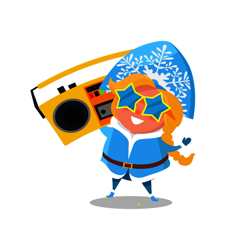 Snow Maiden with record player in festive star-shaped sunglasses isolated on white background. Vector illustration with beautiful happy girl dancing. Snow Maiden with Record Player Vector Illustration