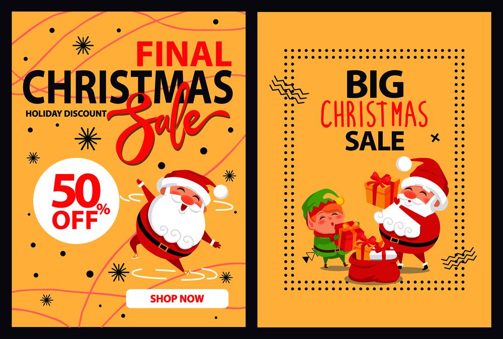 50 % off big final Christmas sale advert poster with merry Santa Claus leaping for joy and cartoon elf putting presents into red sack full of gifts. 50 % Off Big Final Christmas Sale Advert Poster