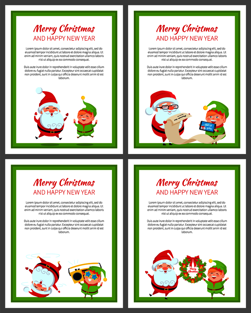 Merry Christmas and happy New Year placards collection with jumping winter characters, Santa and Elf activities and text vector illustration. Merry Christmas Placards, Vector Illustration