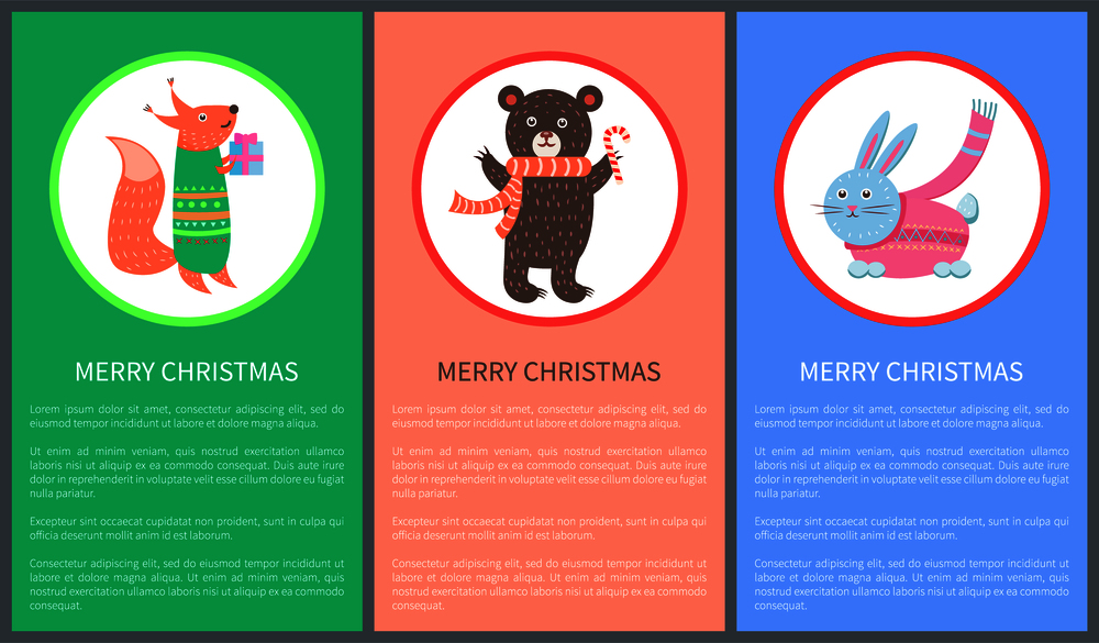Merry Christmas colorful congratulation postcard with beautiful hare, fox with present and bear with candy. Vector illustration with happy animals. Merry Christmas Colorful Congratulation Postcards