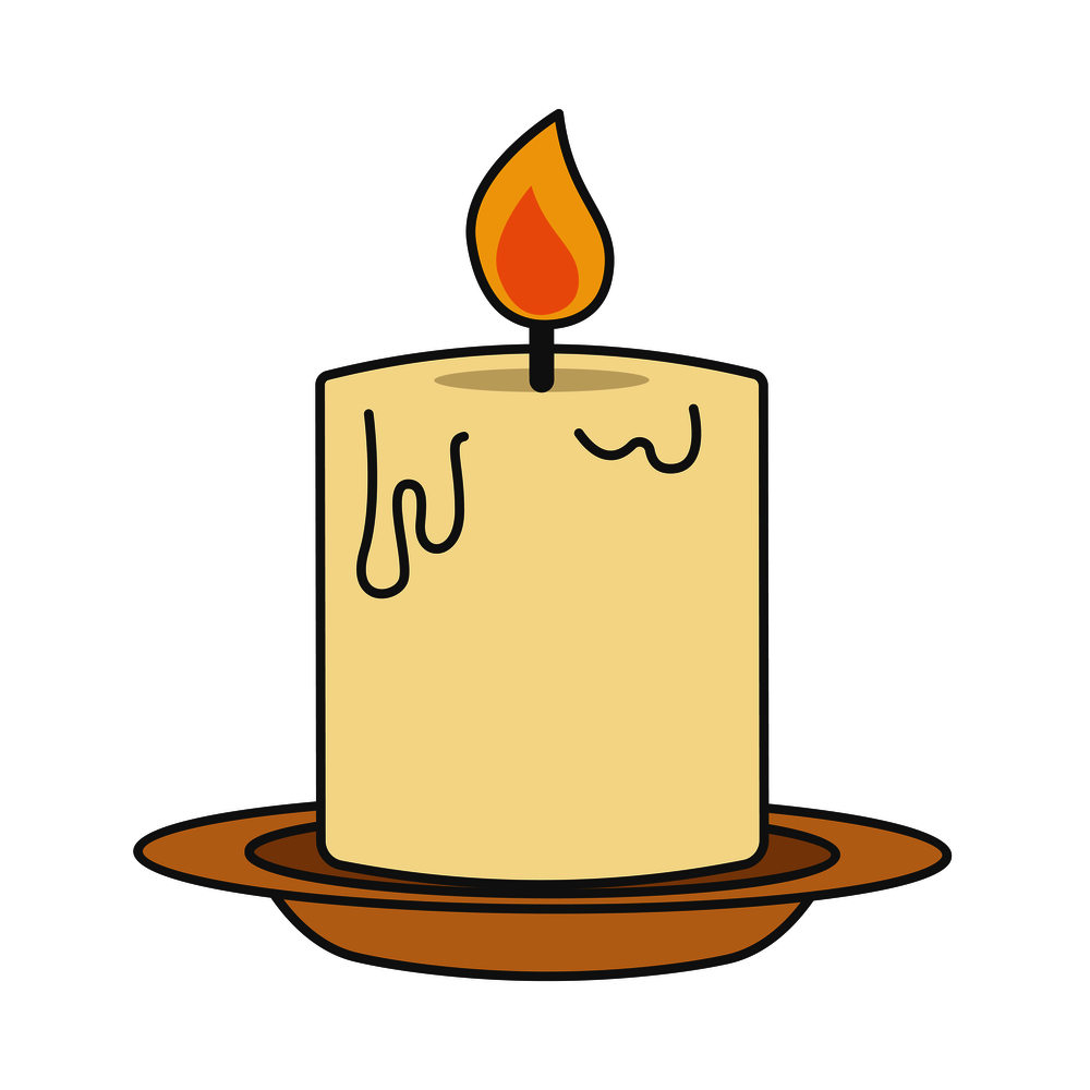 Burning candle on beige plate flat style close-up icon isolated on white. Melting candlelight glowing yellow and orange flame. Vector illustration hand drawn pattern in cartoon style for web.. Burning Candle on Beige Plate Flat Design Icon