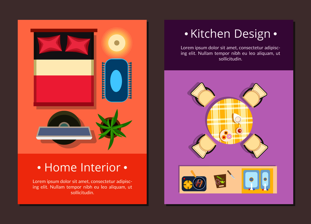 Home interior and kitchen design web pages with text sample and icons of bed and tv set, chairs and table with plates on it vector illustration. Home Interior &Kitchen Design Vector Illustration